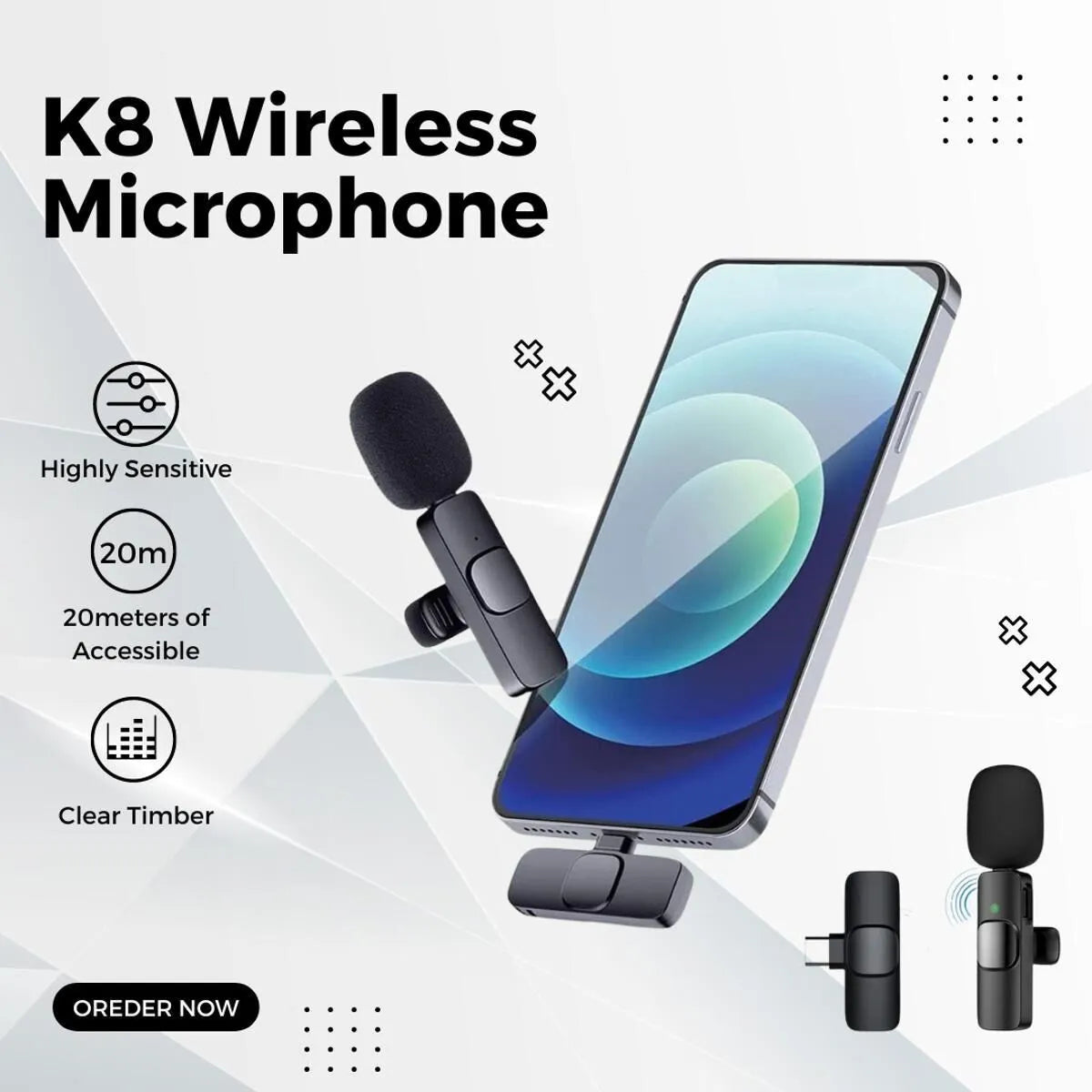 Portable K8 Wireless Lavalier Microphone – Mini Clip-on Mic for iPhone, Android, Type-C Devices – Perfect for TikTok, YouTube, Live Broadcast & Recording